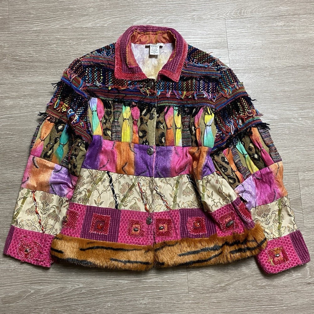 Vintage Sandy Starkman Artsy Jacket Women's M Colorful Silk Embroider Beaded Fur